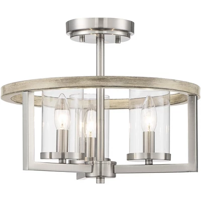 Possini Euro Design Senna Modern Industrial Ceiling Light Semi Flush Mount Fixture 15" Wide Brushed Nickel Gray Wood 3-Light Clear Glass For Bedroom - Image 5