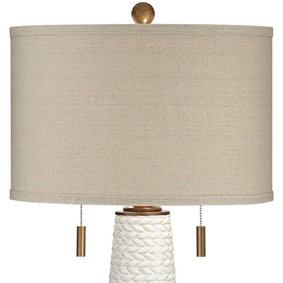 Possini Euro Design Kingston Modern Mid Century Table Lamp 32 3/4" Tall White Grooved Patterned Ceramic Taupe Drum Shade For Bedroom Living Room House - Image 3