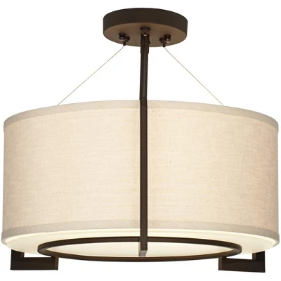 Possini Euro Design Stinson Modern Ceiling Light Semi Flush Mount Fixture 17 1/4" Wide Bronze 3-Light Linen Drum Shade For Bedroom Kitchen Living Room - Image 4