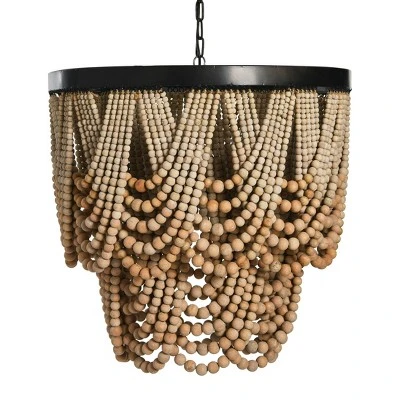 Metal Chandelier With Draped Wood Beads Light Beige - Storied Home - Image 5