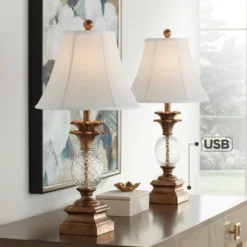 Regency Hill Kona Tropical Table Lamps 26" High Set Of 2 Bronzed Brass Glass With USB Charging Port White Fabric Bell For Bedroom Living Room Desk