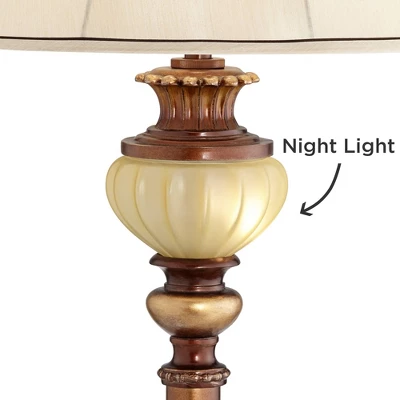 Kathy Ireland Hyde Park Vintage Rustic Floor Lamps With Glass Tray Tables 65" Tall Set Of 2 Bronze Nightlight Beige Fabric Bell Shade For Living Room - Image 2