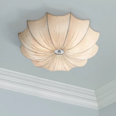 Possini Euro Design Planetarium Modern Ceiling Light Flush Mount Fixture 21" Wide Chrome 3-Light Ivory Fabric Scalloped Bowl For Bedroom Living Room