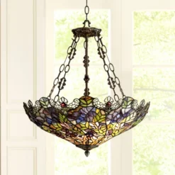 Robert Louis Tiffany Bronze Pendant Chandelier 22" Wide Rustic Floral Garden Stained Glass 3-Light Fixture For Dining Room House Foyer Kitchen Island