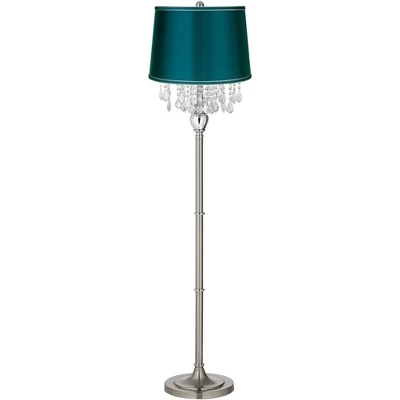 360 Lighting Modern Floor Lamp 62.5" Tall Satin Steel Crystal Chandelier Teal Blue Satin Drum Shade For Living Room Reading Bedroom Office