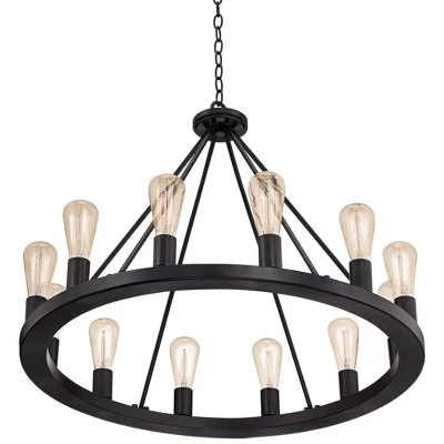 Franklin Iron Works Lacey Black Wagon Wheel Chandelier 28" Wide Industrial 12-Light LED Fixture For Dining Room House Foyer Kitchen Island Entryway - Image 5