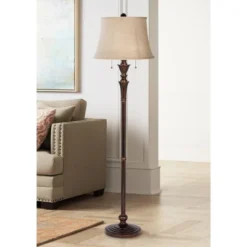 Regency Hill Brooke Rustic Vintage Retro Floor Lamp Standing 60" Tall Rich Bronze Copper Burlap Bell Shade For Living Room Bedroom Office House Home