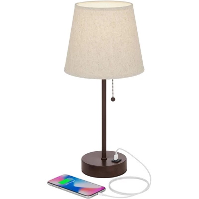 360 Lighting Justin Modern Accent Table Lamps 18 1/4" High Set Of 2 Marbled Bronze Metal With USB Charging Ports Oatmeal Drum Shade For Bedroom Desk - Image 2
