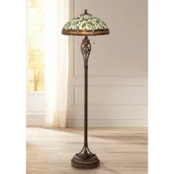 Robert Louis Tiffany Traditional Floor Lamp 60" Tall Bronze Tiffany Style Leaf Pattern Stained Glass Shade For Living Room Reading Bedroom