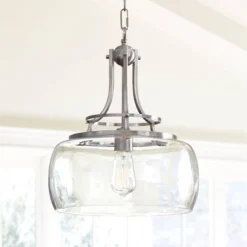 Franklin Iron Works Charleston Brushed Nickel Pendant 13 1/2" Wide Modern LED Clear Glass Shade For Dining Room House Foyer Kitchen Island Entryway