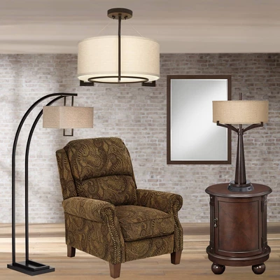 Possini Euro Design Stinson Modern Ceiling Light Semi Flush Mount Fixture 17 1/4" Wide Bronze 3-Light Linen Drum Shade For Bedroom Kitchen Living Room - Image 7