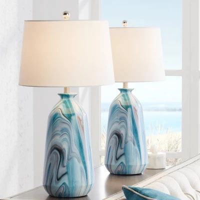 360 Lighting Carlton Modern Coastal Table Lamps 28" Tall Set Of 2 Swirling Blue Faux Marble White Tapered Drum Shade For Bedroom Living Room Bedside