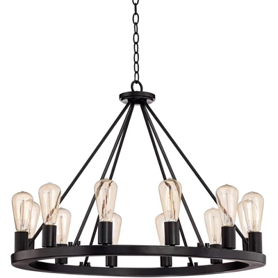 Franklin Iron Works Lacey Black Wagon Wheel Chandelier 28" Wide Industrial 12-Light LED Fixture For Dining Room House Foyer Kitchen Island Entryway - Image 3