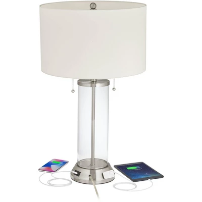 Possini Euro Design Fritz Modern Table Lamp 26 1/2" High Silver Clear Glass Column With USB And AC Power Outlet In Base Drum Shade For Bedroom Desk - Image 2