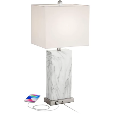 360 Lighting Connie Modern Table Lamps 25" High Set Of 2 White Faux Marble With USB Charging Ports Rectangular Shade For Living Room Office Desk House - Image 2