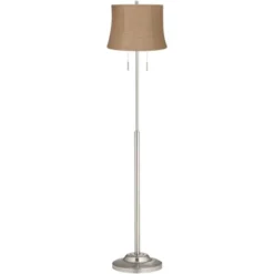 360 Lighting Abba Modern Floor Lamp Standing 66" Tall Brushed Nickel Silver Natural Burlap Fabric Drum Shade For Living Room Bedroom Office House Home