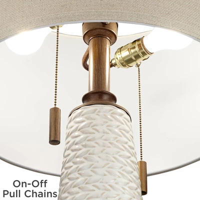 Possini Euro Design Kingston Modern Mid Century Table Lamp 32 3/4" Tall White Grooved Patterned Ceramic Taupe Drum Shade For Bedroom Living Room House - Image 4